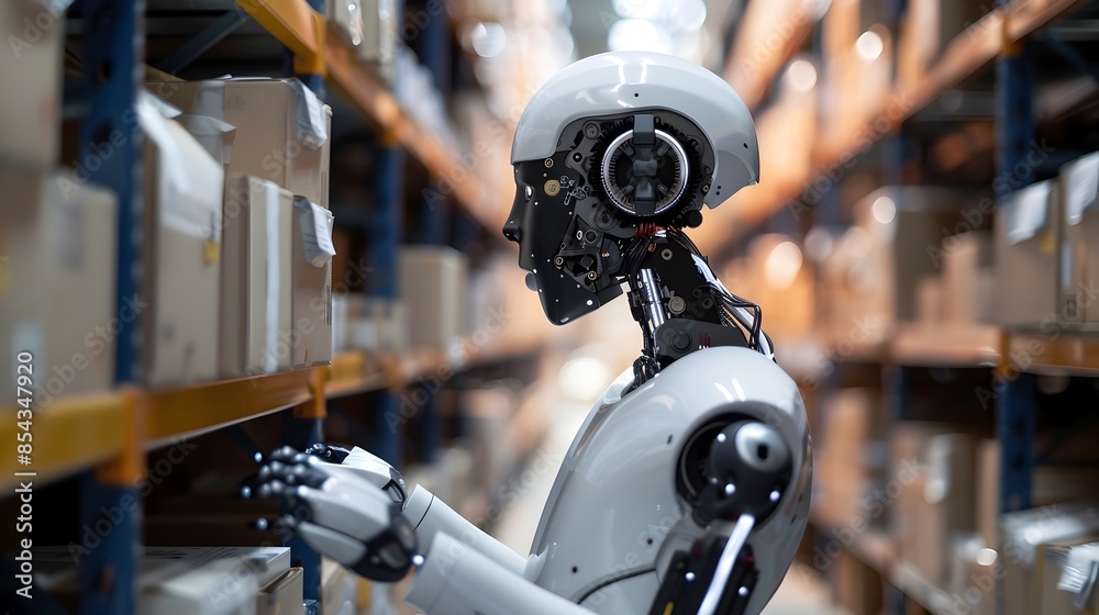 Robotic Warehouse Assistant Organizing Inventory and Packages in High-Tech Industrial Setting Robotic Warehouse Assistant Organizing Inventory and Packages in High-Tech Industrial Setting