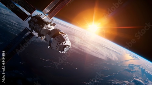 Fototapeta Naklejka Na Ścianę i Meble -  Spacecraft Docking with Space Station in Orbit Exploring the Cosmos
