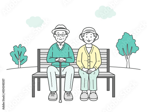 仲の良い老夫婦がベンチに座ってくつろいでいる全身イラスト
