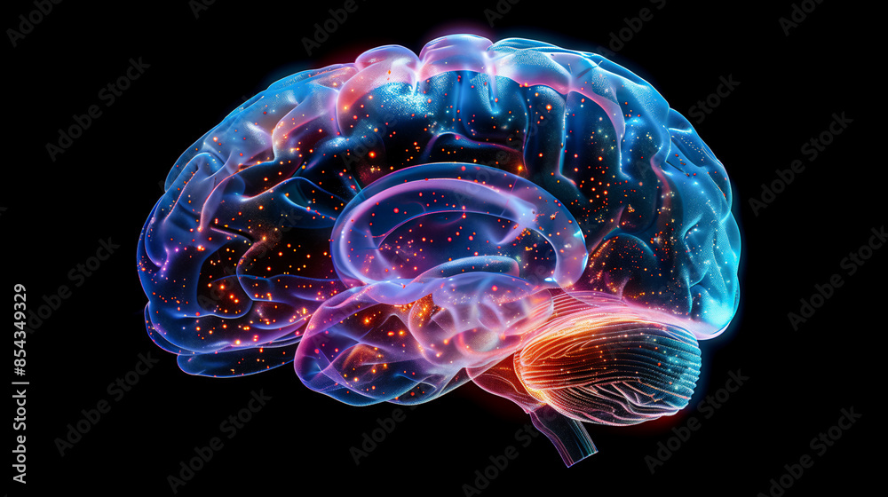 A digital rendering of a human brain, showcasing the intricate network of neural connections, highlighted by glowing light. Neurology and brain diseases concept A digital rendering of a human brain, showcasing the intricate network of neural connections, highlighted by glowing light. Neurology and brain diseases concept