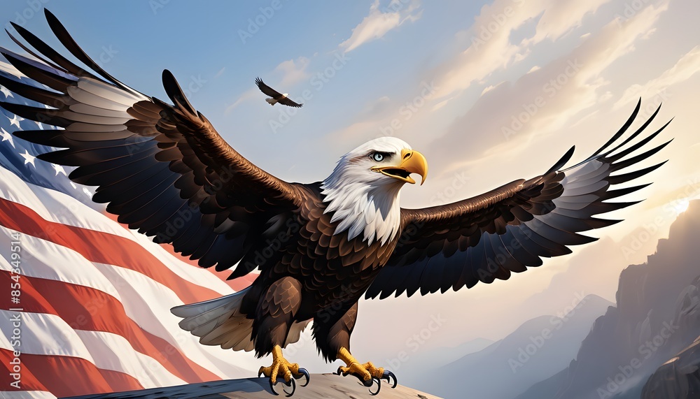 Fototapeta premium American Bald Eagle Soaring with the Flag