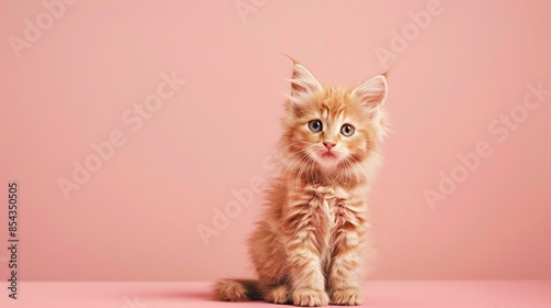 A cute LaPerm kitten sitting on a solid pastel background with space above for text photo