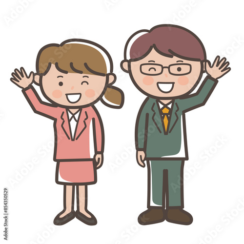 笑顔で挨拶する若い男女会社員の全身イラスト