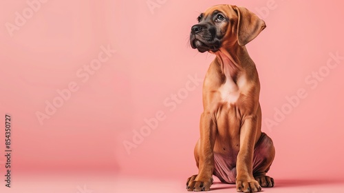 A cute Rhodesian Ridgeback puppy sitting on a solid pastel background with space above for text photo