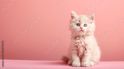 A cute Selkirk Rex kitten sitting on a solid color background with space above for text photo