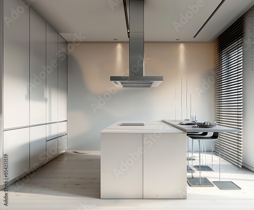 kitchen White , acril color , with island, hyper realistic ,White Birch Laminate, White Birch Laminate Flooring, minimal lines, realistic hyper-detail,, with gray blinds photo