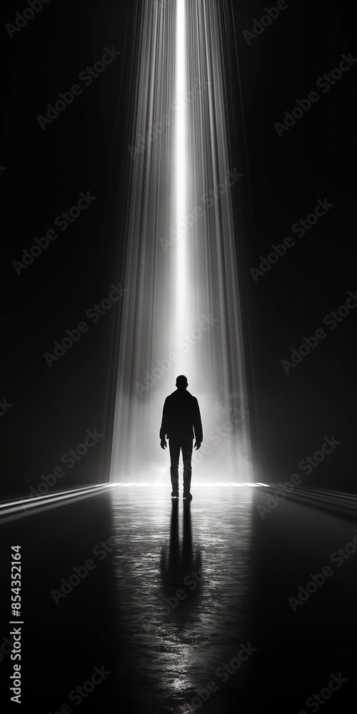Silhouette of a man walking towards a bright, beam light. Perfect for inspirational and conceptual themes, motivational and philosophical designs, spiritual and reflective concepts Silhouette of a man walking towards a bright, beam light. Perfect for inspirational and conceptual themes, motivational and philosophical designs, spiritual and reflective concepts
