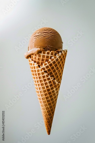  Ice Cream Cone Close-up on a White Minimalist Background, Commercial Photography prop, Wallpaper, banner design, brochure, web, advertising, illustration, concept of healthy life style © Di