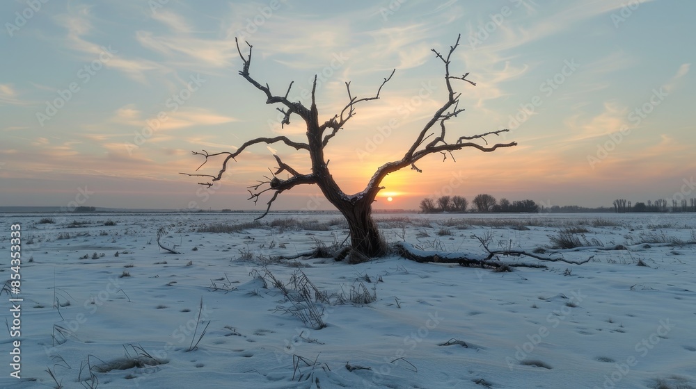 Winter scene with a dead tree in the middle of a snowy field, stark and cold atmosphere, the raw beauty of nature Winter scene with a dead tree in the middle of a snowy field, stark and cold atmosphere, the raw beauty of nature
