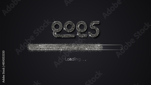 Progress bar with dark particles on black Download New Year's Eve. Loading animation screen with Glitter confetti shows almost reaching 2025. Creative festive banner with shiny progress bar