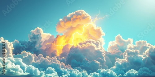 Cloudscape with a huge yellow bold cartoon 3d zigzag lightning power-up object in the middle, photo real, bright fluffy clouds, blue sky 