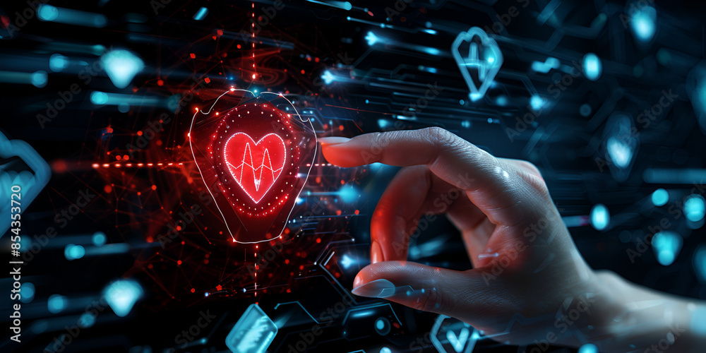 Health In Hands Computer High-tech depiction of a hand seamlessly interacting with a digital ...