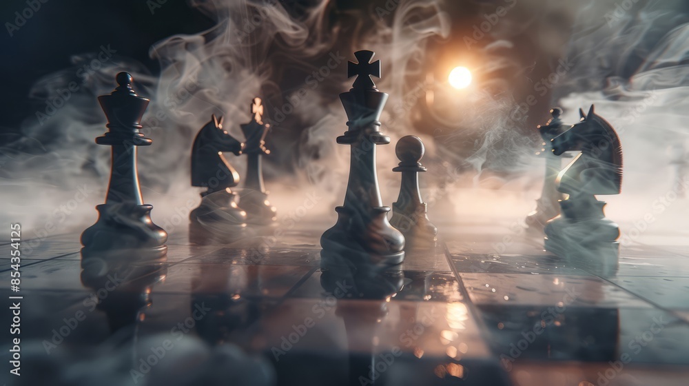 Chess board game concept of business ideas and competition and strategy ideas concept. Chess figures on a dark background with smoke and fog. Selective focus Chess board game concept of business ideas and competition and strategy ideas concept. Chess figures on a dark background with smoke and fog. Selective focus
