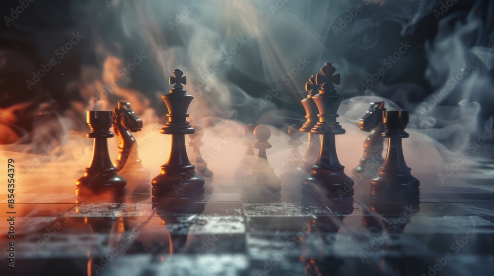Chess board game concept of business ideas and competition and strategy ideas concept. Chess figures on a dark background with smoke and fog. Selective focus Chess board game concept of business ideas and competition and strategy ideas concept. Chess figures on a dark background with smoke and fog. Selective focus