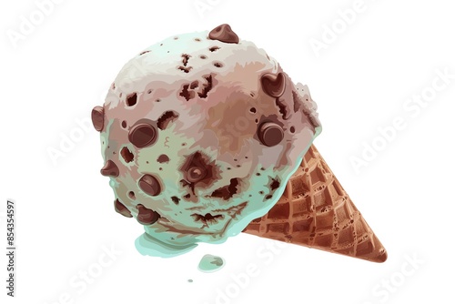 A View of 32-bit Mint Chocolate Chip Ice Cream, in a vector cartoon style, isolated white background photo