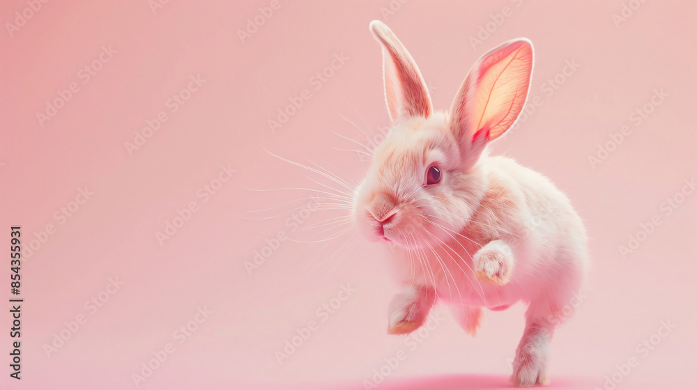 Obraz premium A white rabbit with pink ears jumping on a pink background, for Easter, pet, and photography