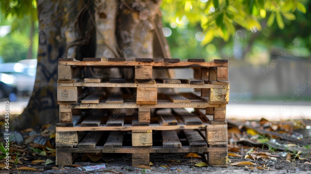 Naklejka premium Stack of used wooden pallets beneath a tree, creating a natural backdrop for shipping and receiving