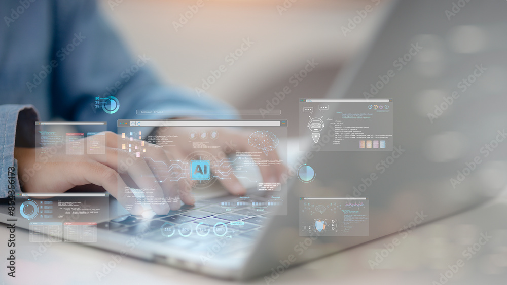 AI computing and Artificial Intelligence for big data analytics. A man working with Artificial Intelligence uses a command prompt to generate something, highlighting futuristic technology