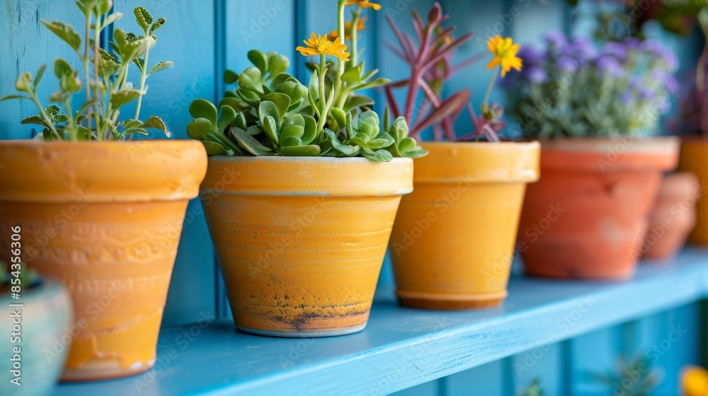 Terra cotta flower pots painted yellow, neatly placed on a blue shelf, vibrant colors and detailed ceramic texture Terra cotta flower pots painted yellow, neatly placed on a blue shelf, vibrant colors and detailed ceramic texture