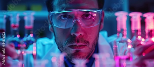 Wallpaper Mural Close-up of a scientist wearing safety goggles, surrounded by test tubes in a laboratory with vibrant, colorful lighting. Torontodigital.ca