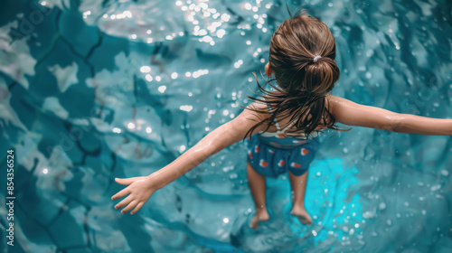 Young Girl Jumping into Pool, Closeup View