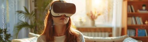 A young woman wearing a VR headset, immersed in a virtual reality experience, sitting in a bright and cozy living room with sunlight streaming in.