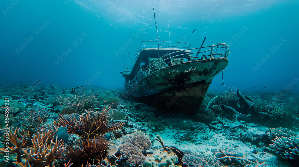 A boat is floating in the ocean with a few people on it. The boat is old and rusted. The water is clear and blue A boat is floating in the ocean with a few people on it. The boat is old and rusted. The water is clear and blue