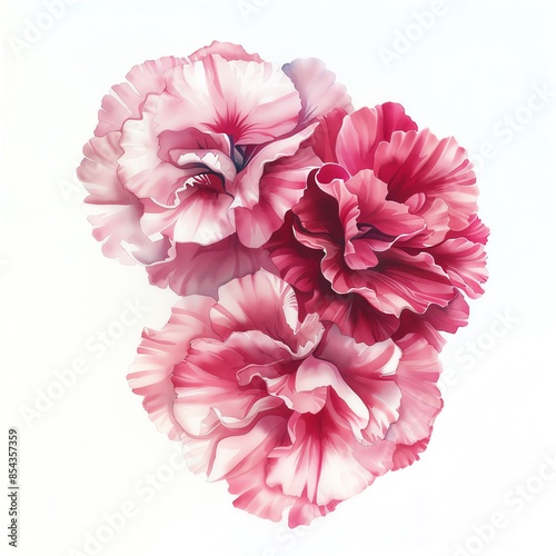 Three pink carnations with ruffled petals arranged in a cluster on a white background.