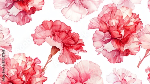Watercolor seamless pattern with pink and red carnations on white background.