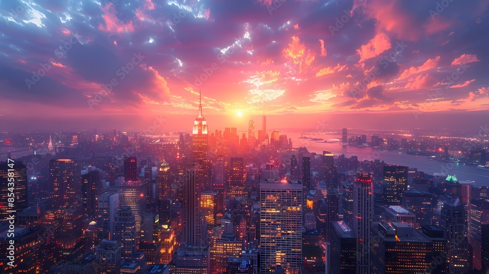 Fototapeta premium A hyperrealistic cityscape at dawn By Generated AI