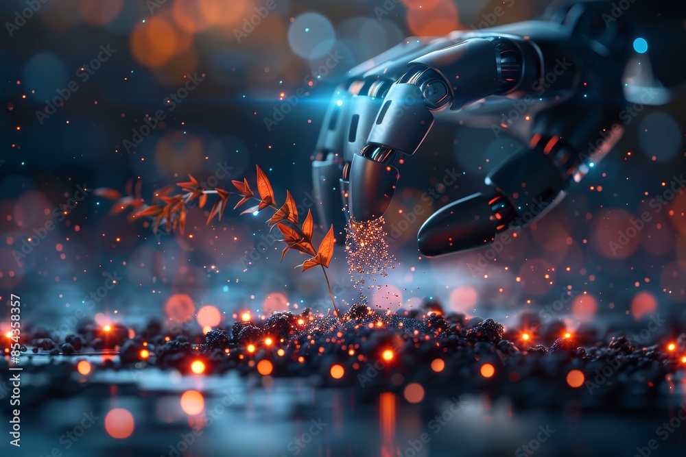 A robotic hand reaches out to touch a field of glowing particles. The hand is sleek and futuristic, and the particles create a mesmerizing display of light. A robotic hand reaches out to touch a field of glowing particles. The hand is sleek and futuristic, and the particles create a mesmerizing display of light.