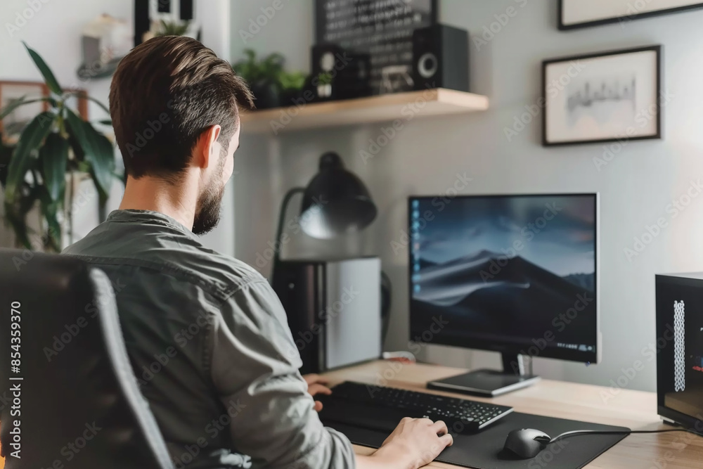 A person setting up a new computer in their home office. Setting Up A person setting up a new computer in their home office. Setting Up