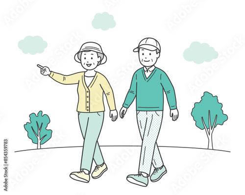 仲の良い老夫婦が公園で散歩を楽しんでいる全身イラスト