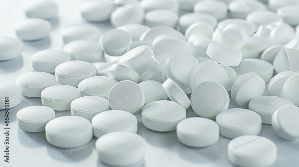 A collection of white, round tablets or pills. A collection of white, round tablets or pills.