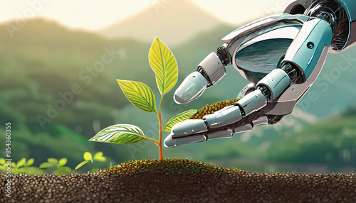 植物の芽を植えているロボット
