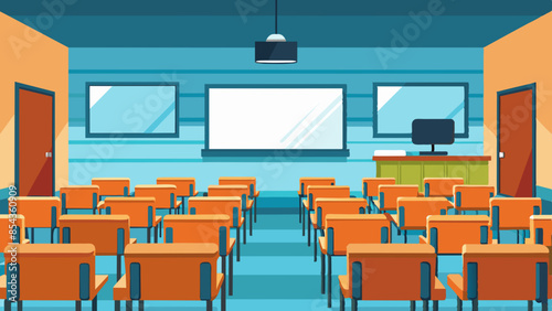 The classroom lies empty, its chairs neatly arranged and a projector screen ready for use