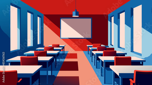 The vacant classroom is equipped with chairs and a projector screen, awaiting the arrival of students to enrich the room with knowledge.