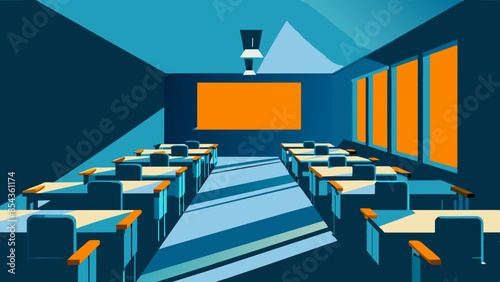 The vacant classroom is equipped with chairs and a projector screen, awaiting the arrival of students to enrich the room with knowledge.