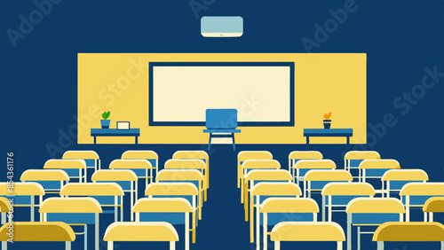 The vacant classroom is equipped with chairs and a projector screen, awaiting the arrival of students to enrich the room with knowledge.