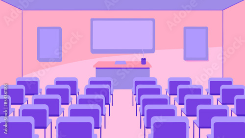 The vacant classroom is equipped with chairs and a projector screen, awaiting the arrival of students to enrich the room with knowledge.