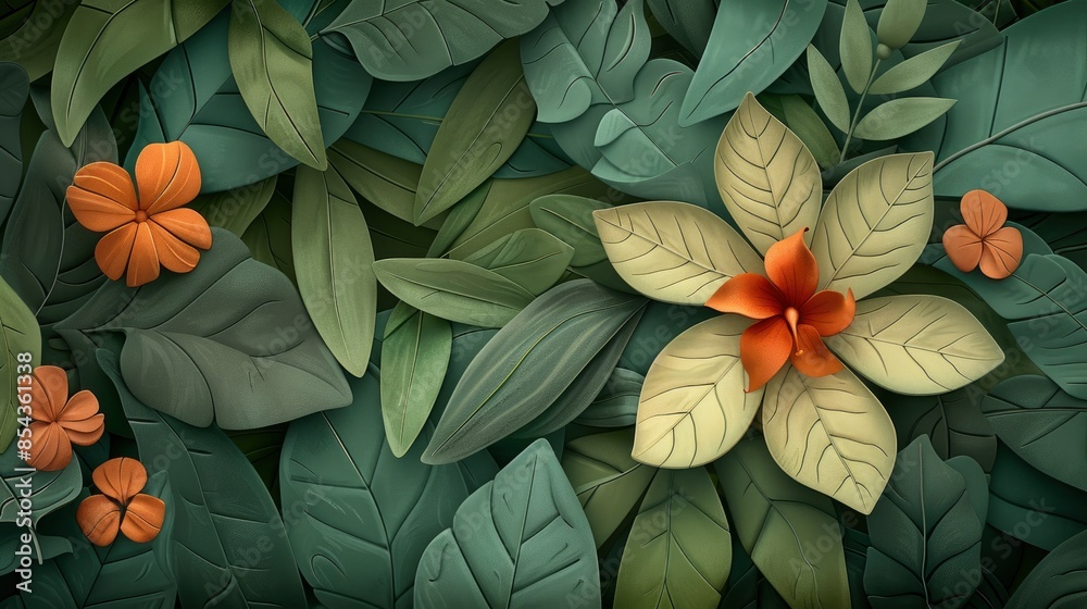  Create an image of a bouquet on the center, with petals and leaves around it. The background is pastel pink, 