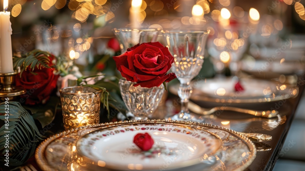 Romantic Dinner Table Setting with Red Roses