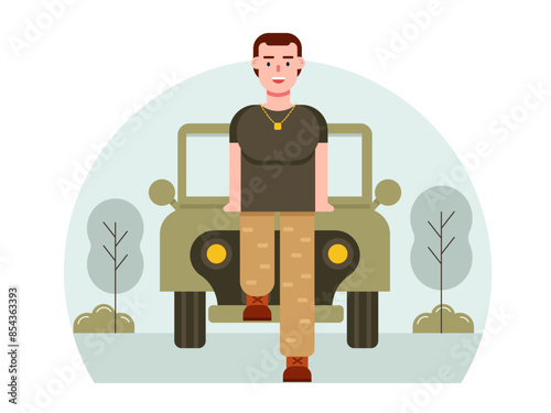 Soldier stood in front Jeep army car. Army vector illustration.