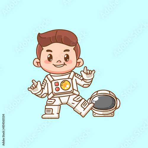 Cute boy astronaut dance kawaii chibi character mascot illustration outline style