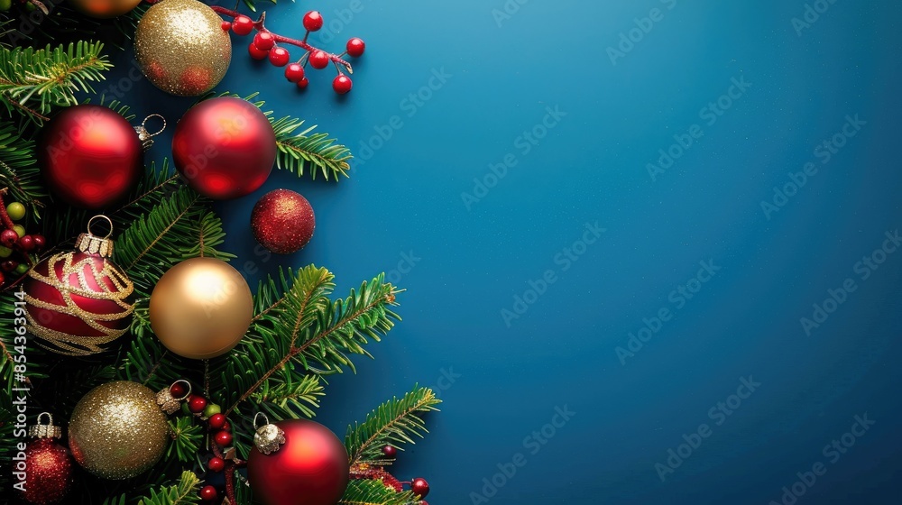 Naklejka premium Christmas tree decorations on blue backdrop