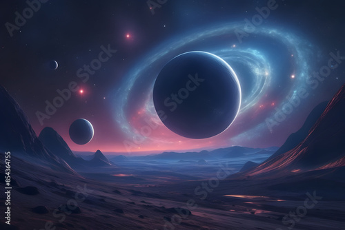 space illustration featuring distant galaxies, planets, and stars in a vibrant cosmic setting. This realistic, cinematic sci-fi artwork captures the vastness and beauty of the universe