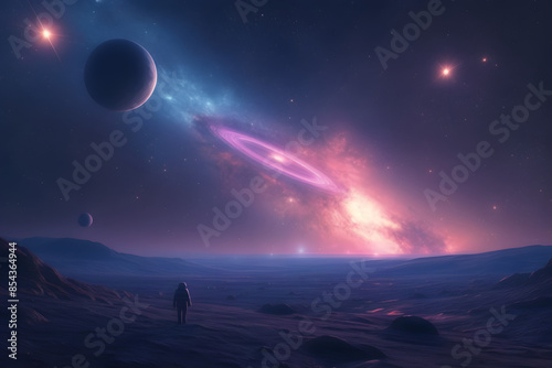 space illustration featuring distant galaxies, planets, and stars in a vibrant cosmic setting. This realistic, cinematic sci-fi artwork captures the vastness and beauty of the universe