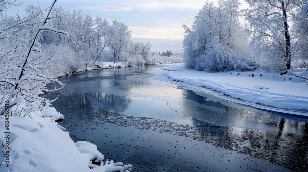 Icy river winding through a snowy winter landscape, snow-covered trees lining the banks, serene and crisp Icy river winding through a snowy winter landscape, snow-covered trees lining the banks, serene and crisp