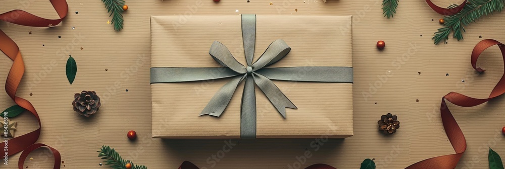 Create an image of a gift box on the center, with ribbons and bows around it. The background is festive red, Create an image of a gift box on the center, with ribbons and bows around it. The background is festive red,