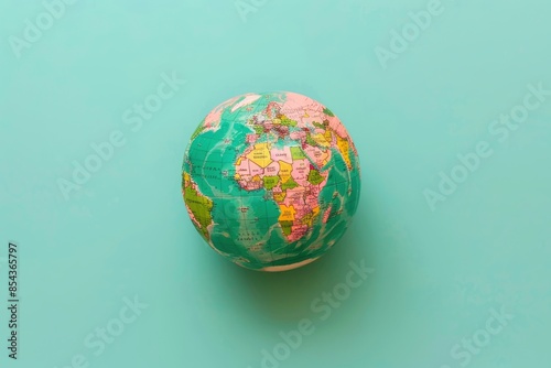  Create an image of a globe on the center, with travel tickets and passport around it. The background is ocean blue, 